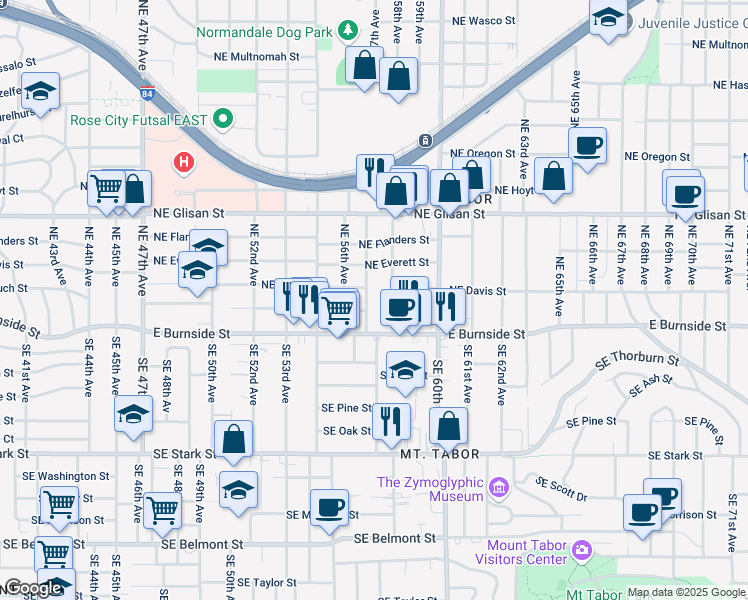 map of restaurants, bars, coffee shops, grocery stores, and more near 39 Northeast 57th Avenue in Portland