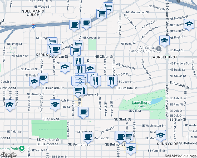 map of restaurants, bars, coffee shops, grocery stores, and more near 3018 Northeast Couch Street in Portland