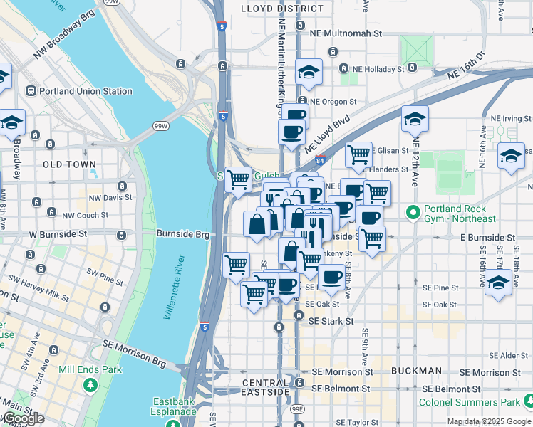 map of restaurants, bars, coffee shops, grocery stores, and more near in Portland