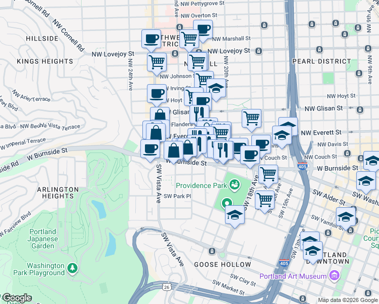 map of restaurants, bars, coffee shops, grocery stores, and more near 2157 West Burnside Street in Portland