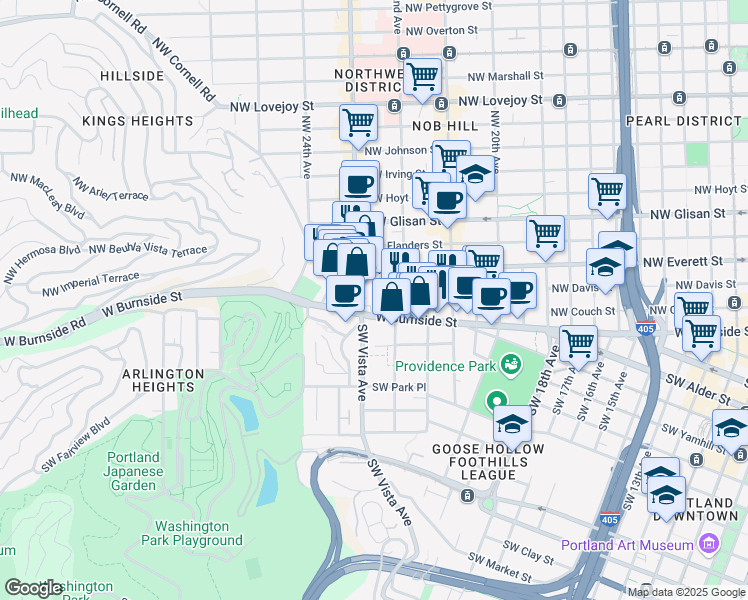 map of restaurants, bars, coffee shops, grocery stores, and more near 2225 West Burnside Street in Portland