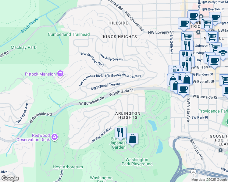 map of restaurants, bars, coffee shops, grocery stores, and more near 10 Northwest Macleay Boulevard in Portland