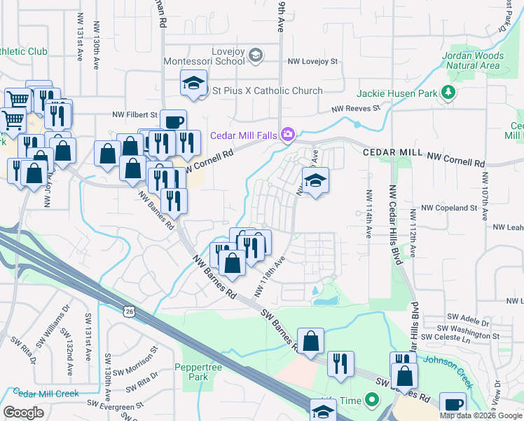 map of restaurants, bars, coffee shops, grocery stores, and more near 580 Northwest Lost Springs Terrace in Portland