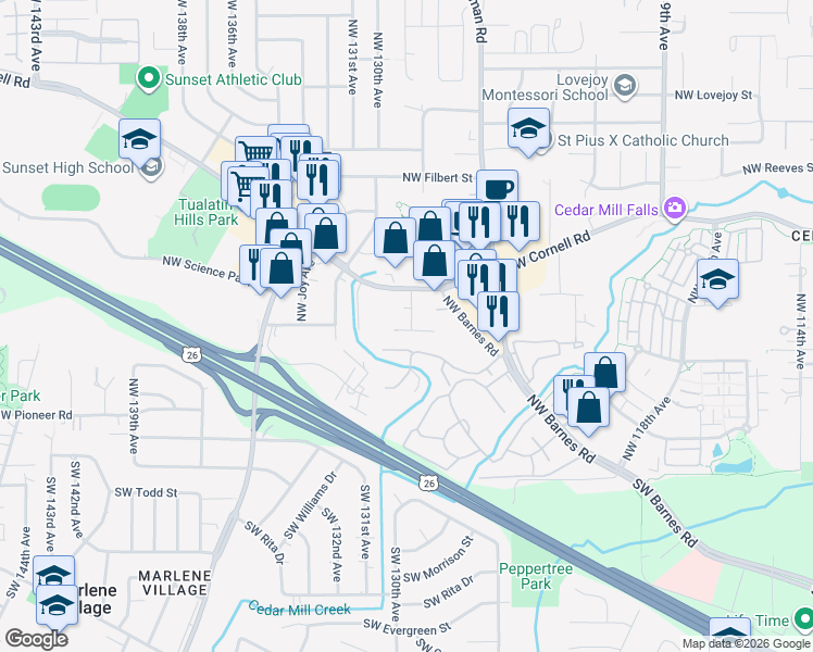 map of restaurants, bars, coffee shops, grocery stores, and more near 12882 Northwest Clement Lane in Portland