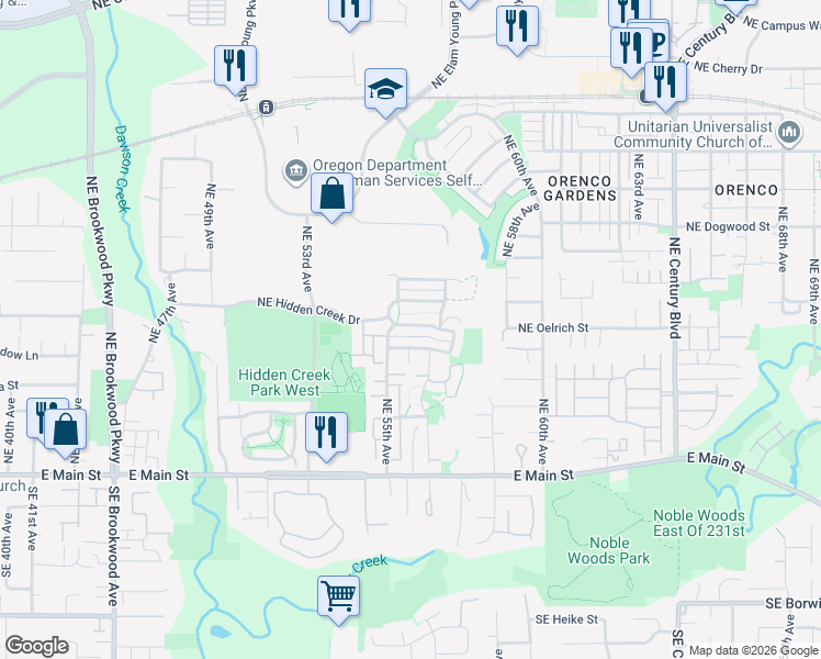 map of restaurants, bars, coffee shops, grocery stores, and more near 5615 Northeast Damsel Drive in Hillsboro