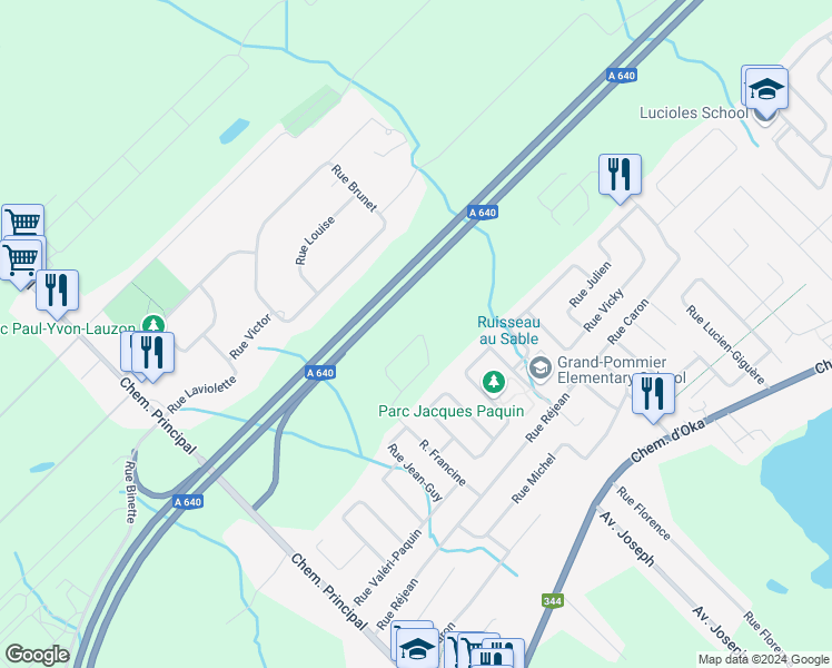 map of restaurants, bars, coffee shops, grocery stores, and more near 459 Rue Francine in Saint-Joseph-du-Lac
