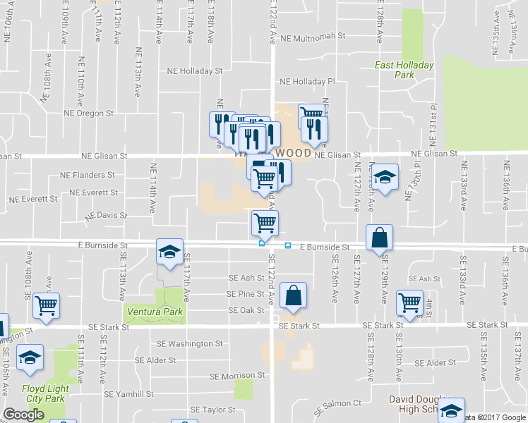 map of restaurants, bars, coffee shops, grocery stores, and more near 203 Northeast 122nd Avenue in Portland