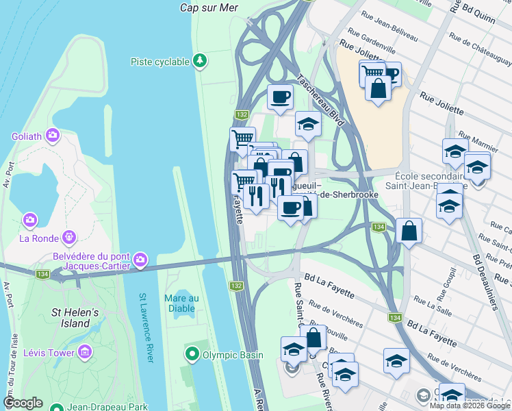 map of restaurants, bars, coffee shops, grocery stores, and more near 1010 Rue de Sérigny in Longueuil
