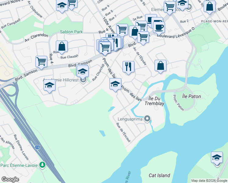 map of restaurants, bars, coffee shops, grocery stores, and more near 154 Rue Saint-Judes in Laval