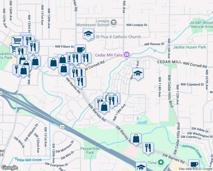 map of restaurants, bars, coffee shops, grocery stores, and more near 580 Northwest 123rd Avenue in Portland