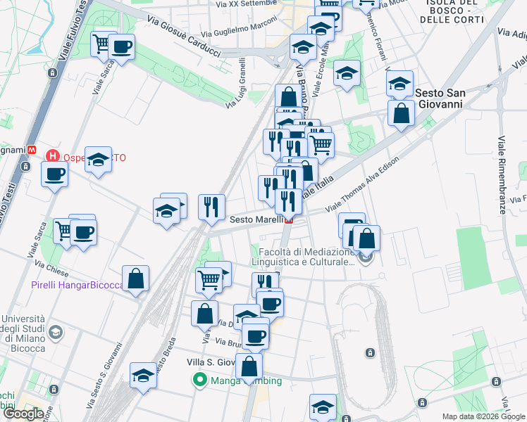 map of restaurants, bars, coffee shops, grocery stores, and more near 34 Via Fiume in Sesto San Giovanni