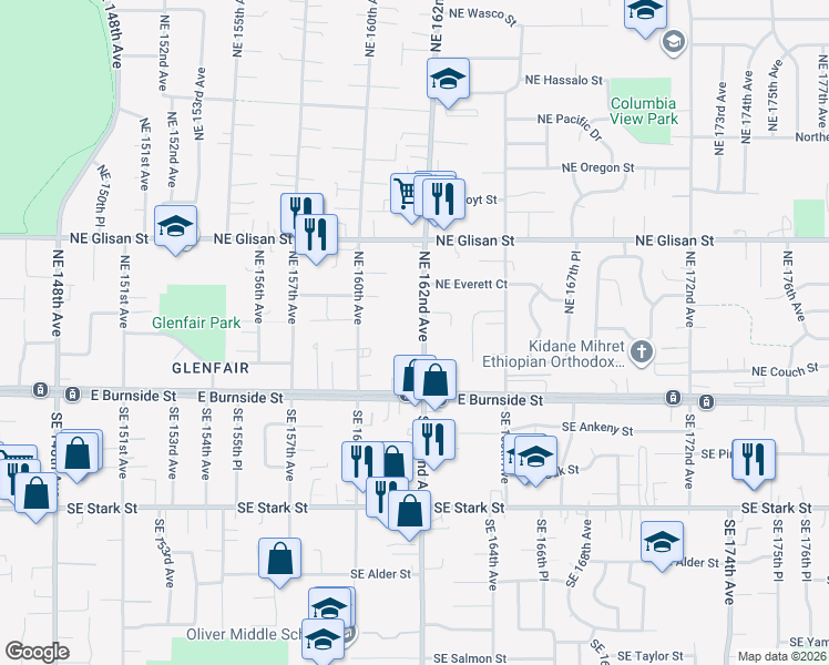 map of restaurants, bars, coffee shops, grocery stores, and more near 130 Northeast 160th Avenue in Portland