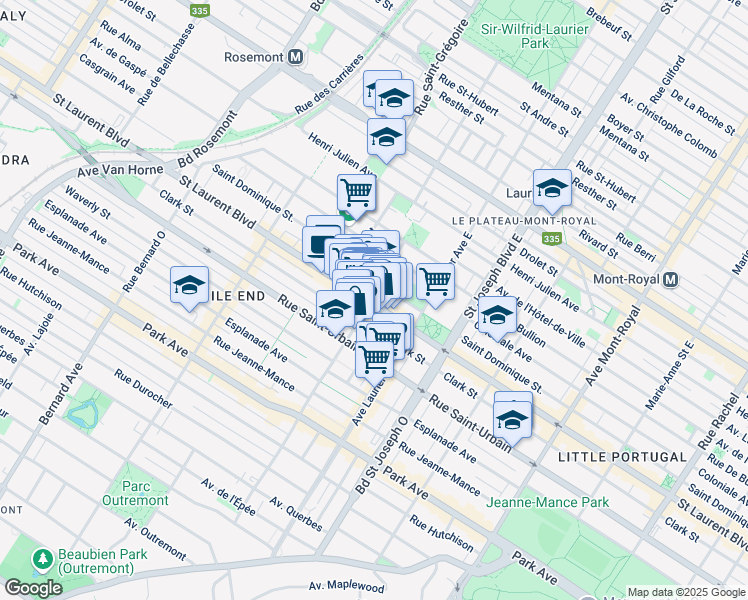 map of restaurants, bars, coffee shops, grocery stores, and more near 5185 Boulevard Saint-Laurent in Montréal