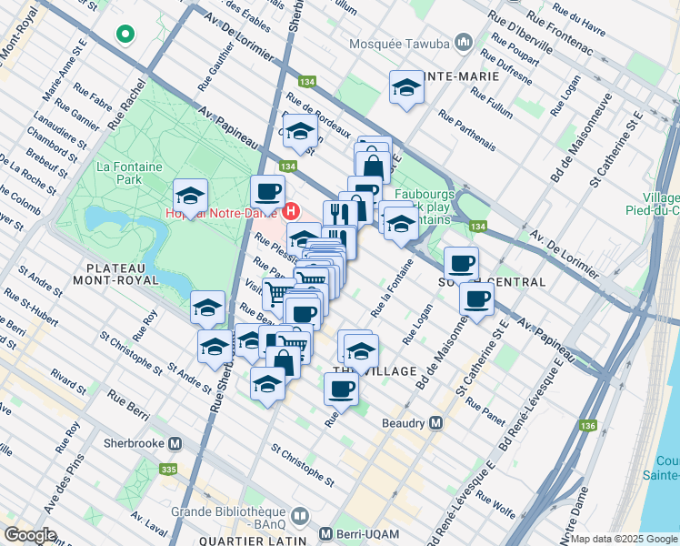 map of restaurants, bars, coffee shops, grocery stores, and more near in Montreal