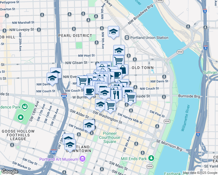 map of restaurants, bars, coffee shops, grocery stores, and more near in Portland