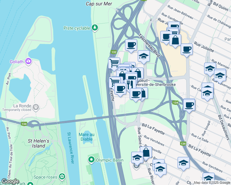 map of restaurants, bars, coffee shops, grocery stores, and more near 15 Boulevard La Fayette in Longueuil