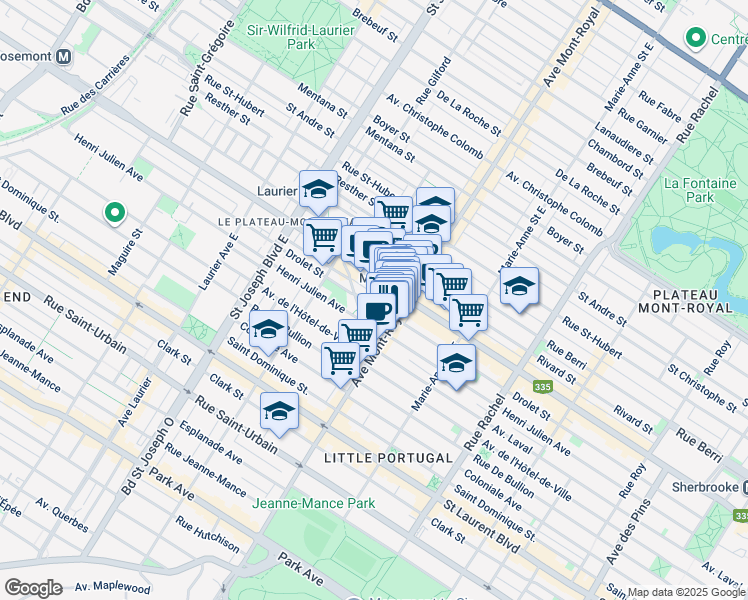 map of restaurants, bars, coffee shops, grocery stores, and more near 4533 Rue Drolet in Montréal