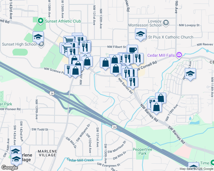 map of restaurants, bars, coffee shops, grocery stores, and more near 12947 Northwest Clement Lane in Portland