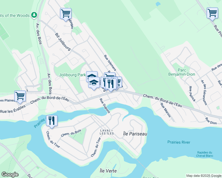 map of restaurants, bars, coffee shops, grocery stores, and more near 1263 Boulevard Jolibourg in Laval
