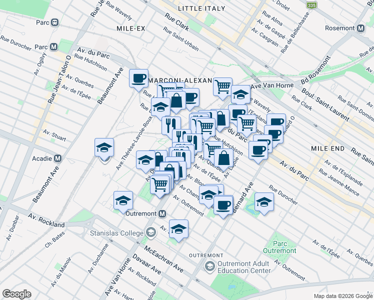 map of restaurants, bars, coffee shops, grocery stores, and more near 828 Avenue Querbes in Montrã©Al