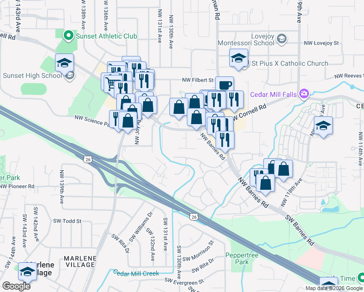 map of restaurants, bars, coffee shops, grocery stores, and more near 12947 Northwest Clement Lane in Portland