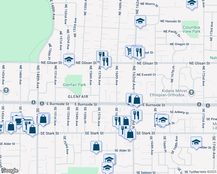 map of restaurants, bars, coffee shops, grocery stores, and more near 15850 Northeast Davis Street in Portland