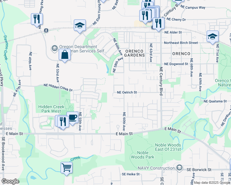 map of restaurants, bars, coffee shops, grocery stores, and more near 5802 Northwest Oelrich Road in Hillsboro