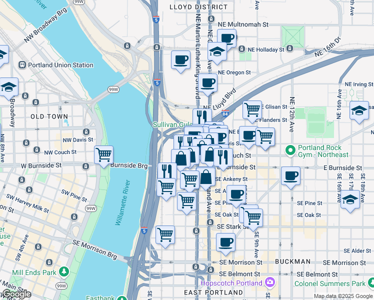 map of restaurants, bars, coffee shops, grocery stores, and more near 33 Northeast Martin Luther King Junior Boulevard in Portland