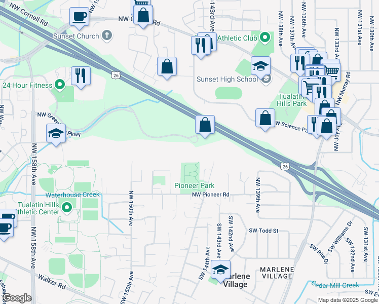 map of restaurants, bars, coffee shops, grocery stores, and more near 14435 Northwest Pioneer Park Way in Beaverton