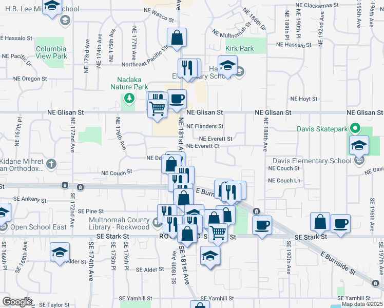 map of restaurants, bars, coffee shops, grocery stores, and more near 18136 Northeast Everett Court in Portland