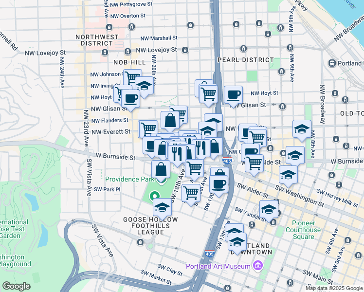 map of restaurants, bars, coffee shops, grocery stores, and more near 130 Northwest 19th Avenue in Portland