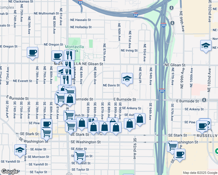 map of restaurants, bars, coffee shops, grocery stores, and more near 8827 Northeast Couch Street in Portland
