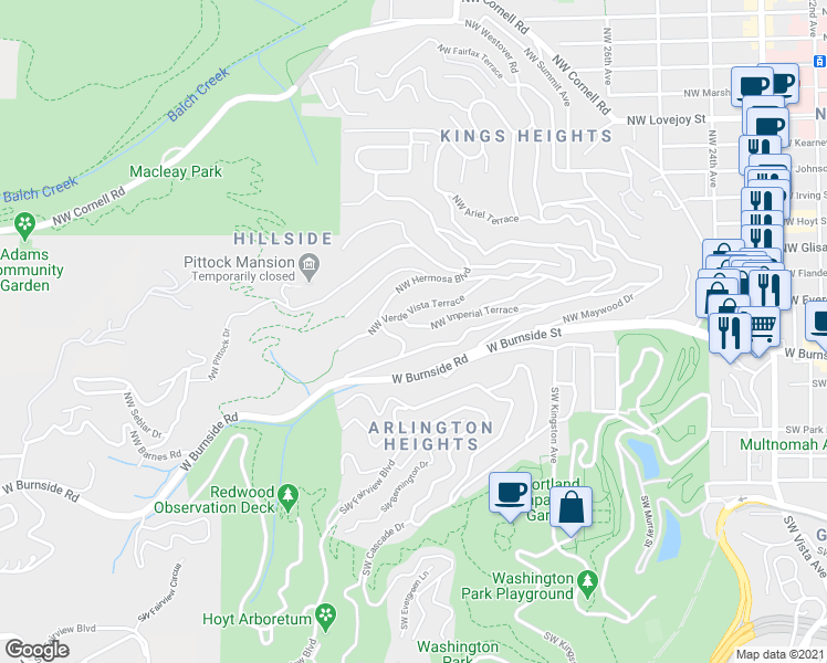map of restaurants, bars, coffee shops, grocery stores, and more near 2980 Northwest Imperial Terrace in Portland