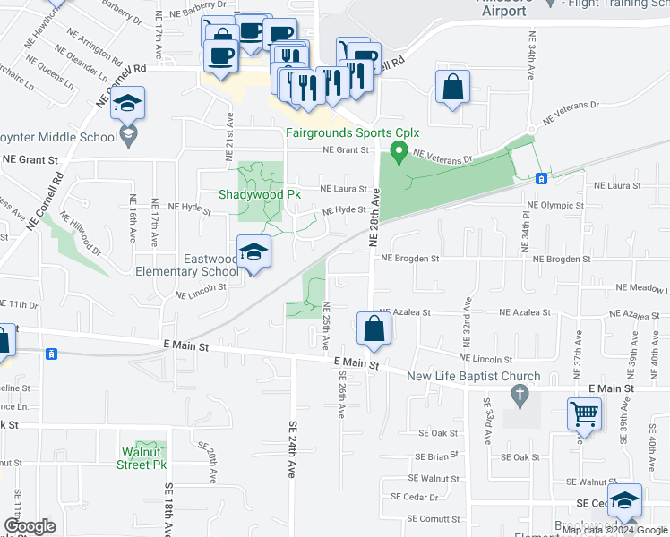 map of restaurants, bars, coffee shops, grocery stores, and more near 2553 Northeast Parkwood Street in Hillsboro