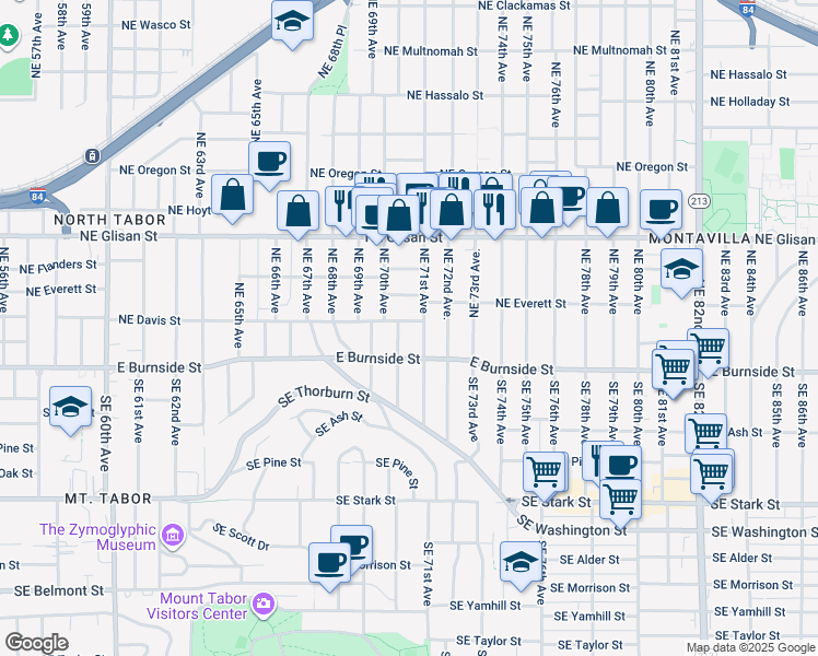 map of restaurants, bars, coffee shops, grocery stores, and more near 7044 Northeast Davis Street in Portland