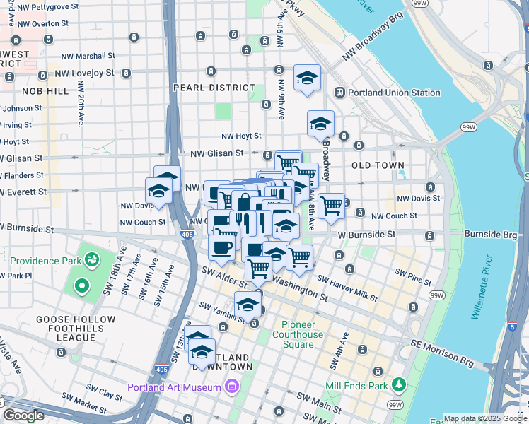 map of restaurants, bars, coffee shops, grocery stores, and more near 1025 Northwest Couch Street in Portland