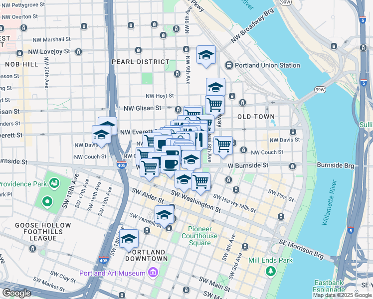 map of restaurants, bars, coffee shops, grocery stores, and more near in Portland