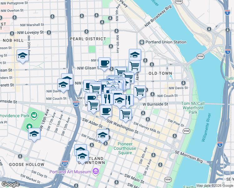 map of restaurants, bars, coffee shops, grocery stores, and more near 135 Northwest 9th Avenue in Portland
