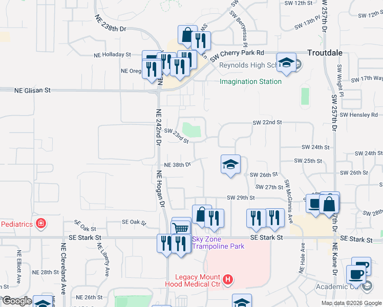 map of restaurants, bars, coffee shops, grocery stores, and more near 2185 Northeast 38th Drive in Gresham