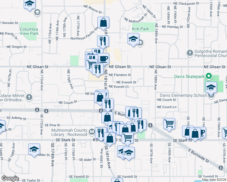map of restaurants, bars, coffee shops, grocery stores, and more near 124 South Northeast 181st Avenue in Portland