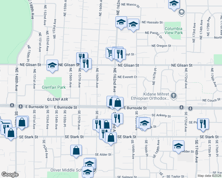 map of restaurants, bars, coffee shops, grocery stores, and more near 130 Northeast 160th Avenue in Portland