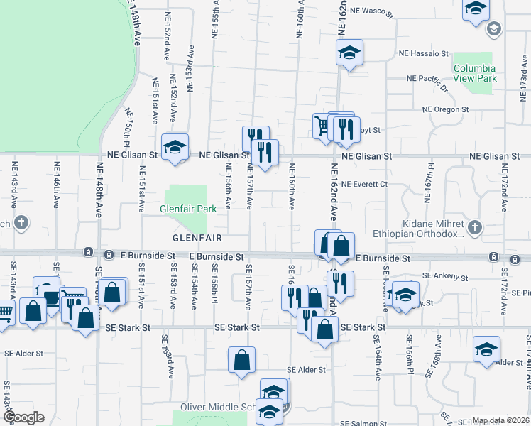 map of restaurants, bars, coffee shops, grocery stores, and more near 15850 Northeast Davis Street in Portland