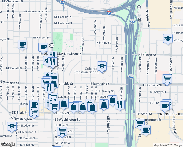map of restaurants, bars, coffee shops, grocery stores, and more near 8827 Northeast Couch Street in Portland
