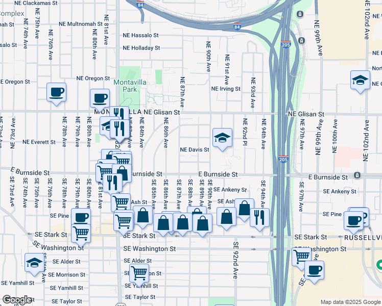 map of restaurants, bars, coffee shops, grocery stores, and more near 8827 Northeast Couch Street in Portland