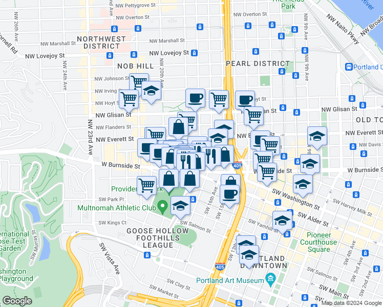 map of restaurants, bars, coffee shops, grocery stores, and more near 1806 Northwest Couch Street in Portland