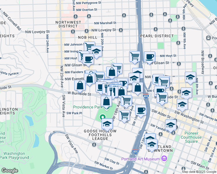 map of restaurants, bars, coffee shops, grocery stores, and more near 1933 West Burnside Street in Portland