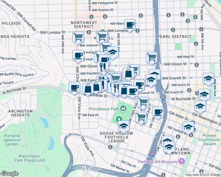 map of restaurants, bars, coffee shops, grocery stores, and more near in Portland