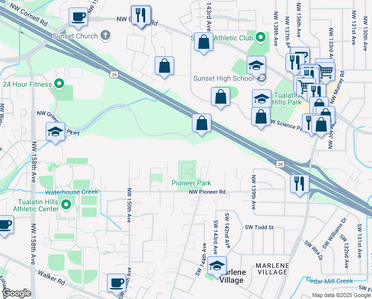 map of restaurants, bars, coffee shops, grocery stores, and more near 14435 Northwest Pioneer Park Way in Beaverton