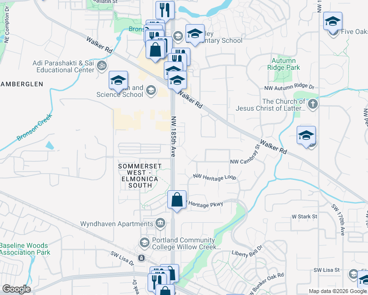 map of restaurants, bars, coffee shops, grocery stores, and more near 567 Northwest Cambray Place in Beaverton