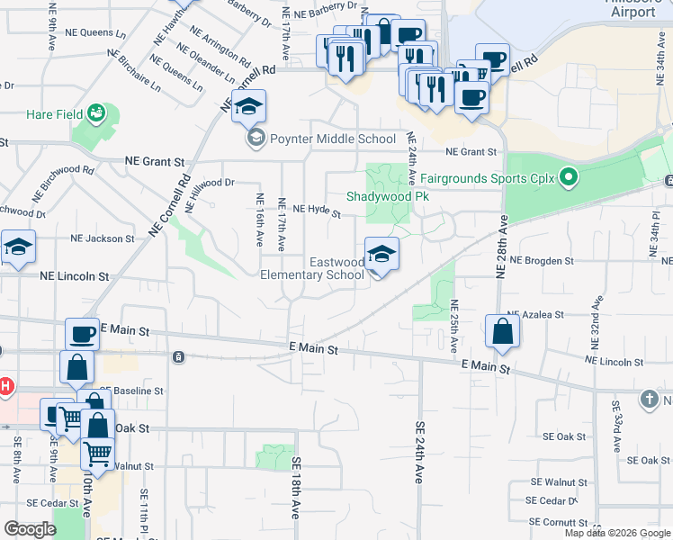 map of restaurants, bars, coffee shops, grocery stores, and more near 1889 Northeast Lincoln Street in Hillsboro